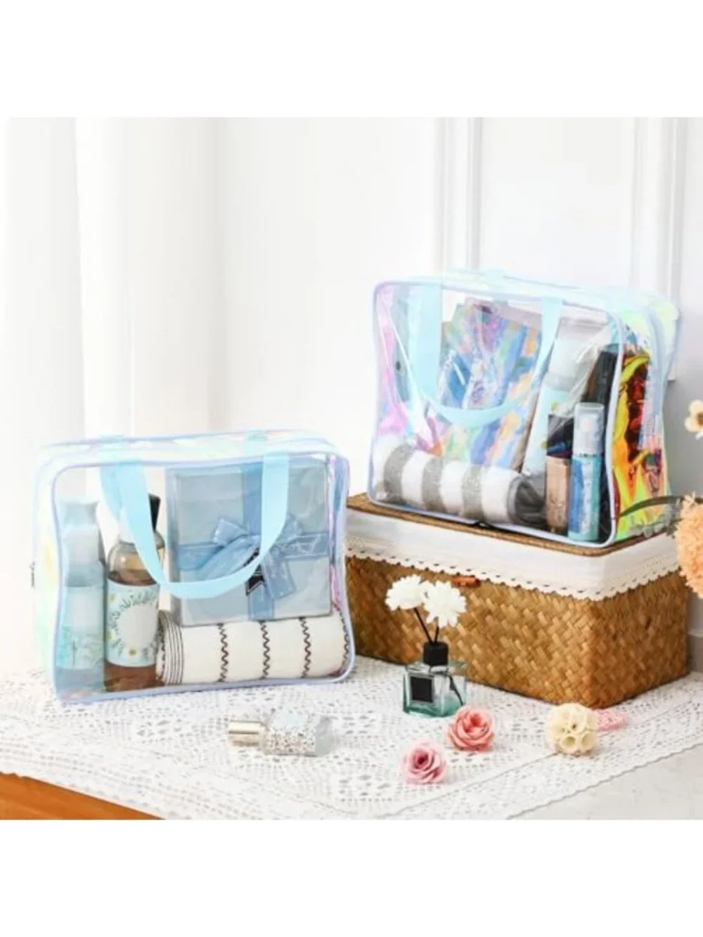 10 Pcs Clear Makeup Bags with Handle - Large Toiletry Organizer, Blue Travel Set